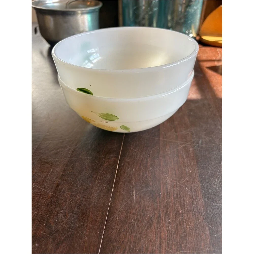 2 Vintage Fire-King milk glass bowls hand-painted fruit design